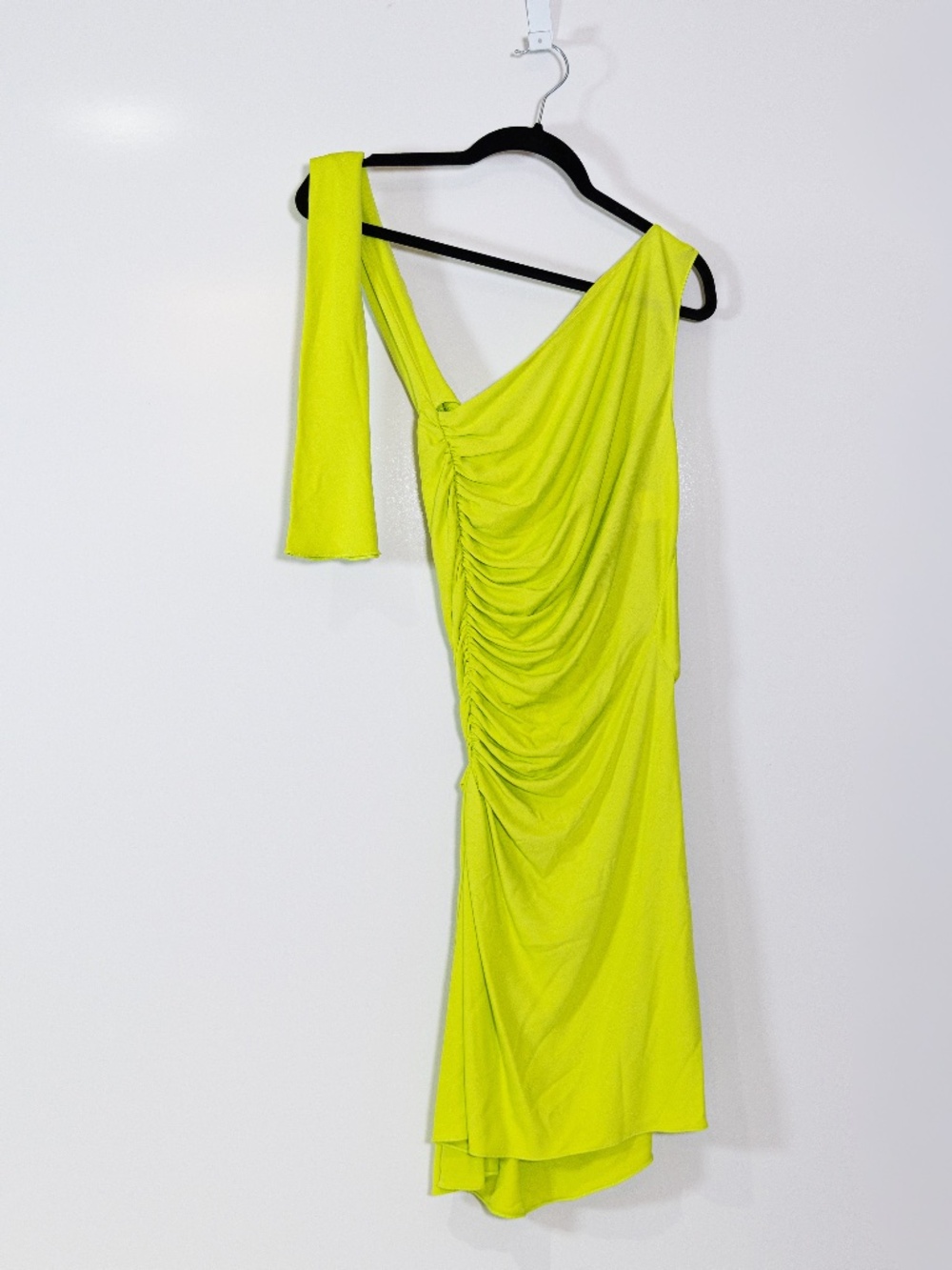 NEW Mugler Stretch Knit Neck Tie One Sleeve Ruched Bodycon Mini Dress Lime Green